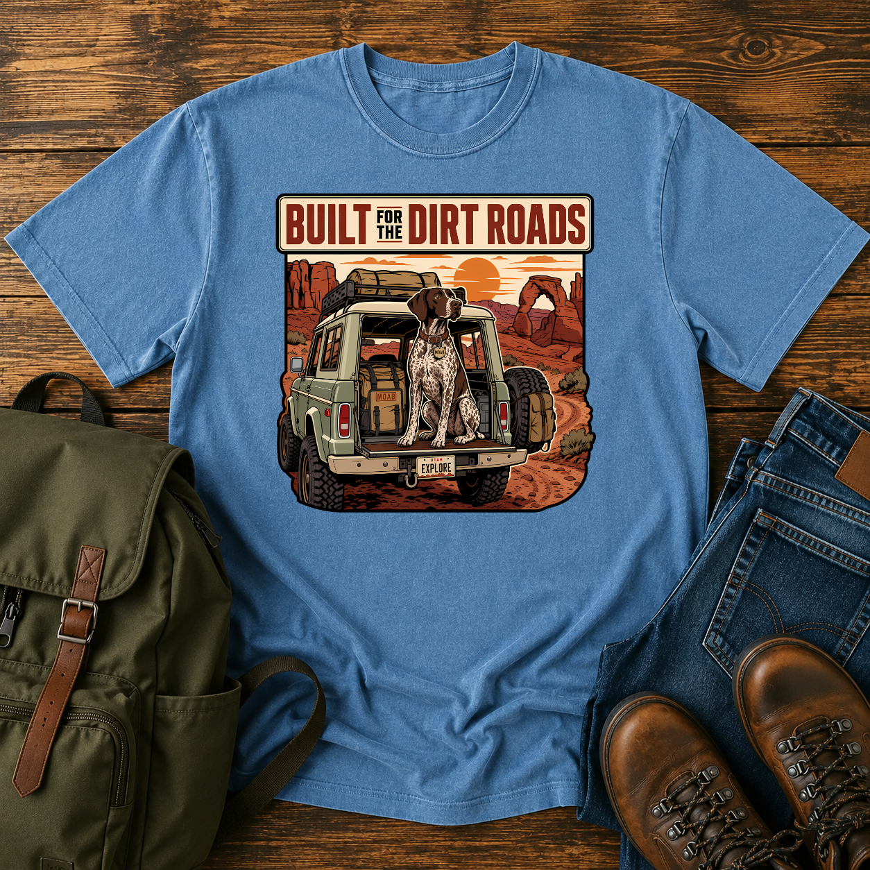 German Shorthaired Pointer overlanding shirt with GSP in 4x4 canyon scene.