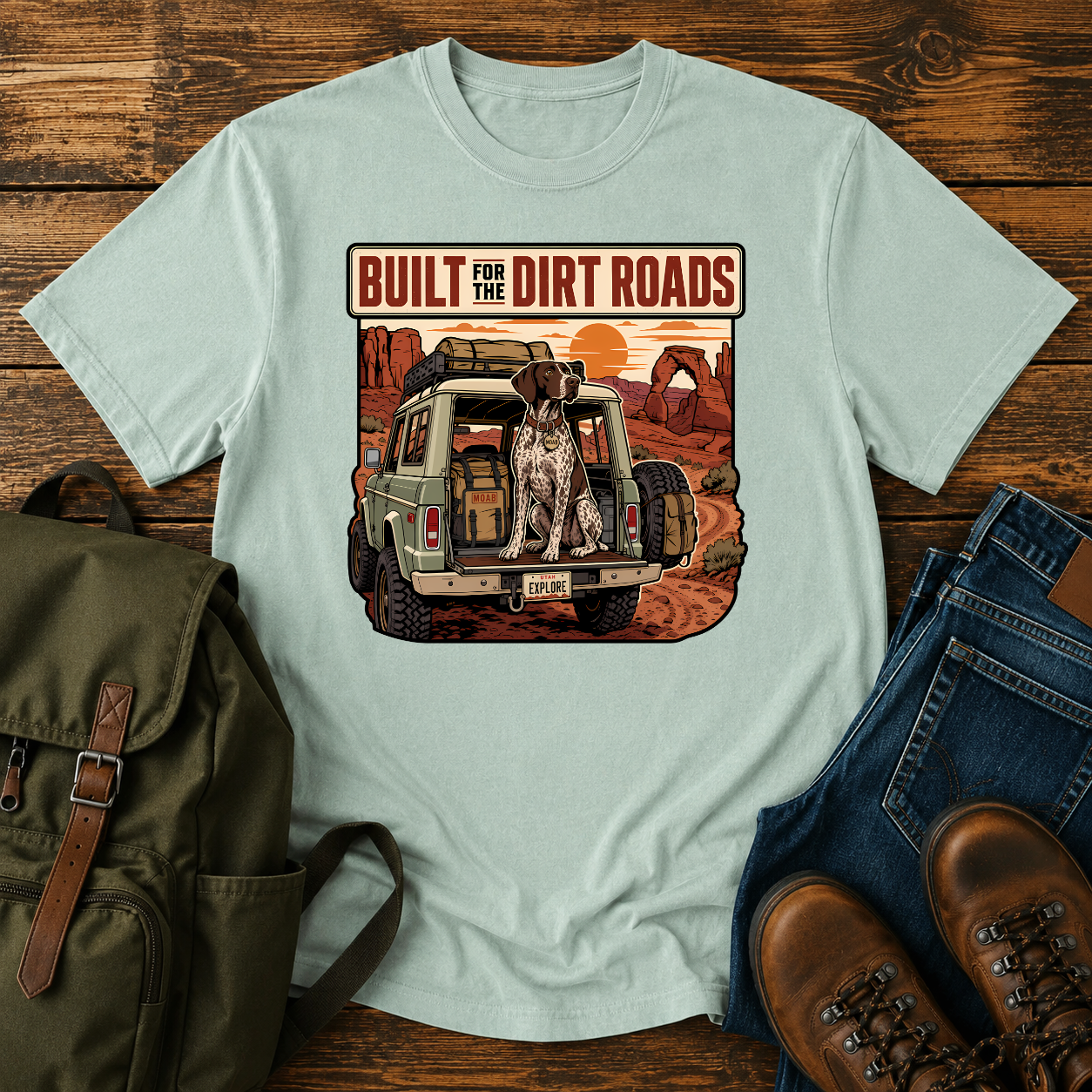 German Shorthaired Pointer overlanding shirt with GSP in 4x4 canyon scene.