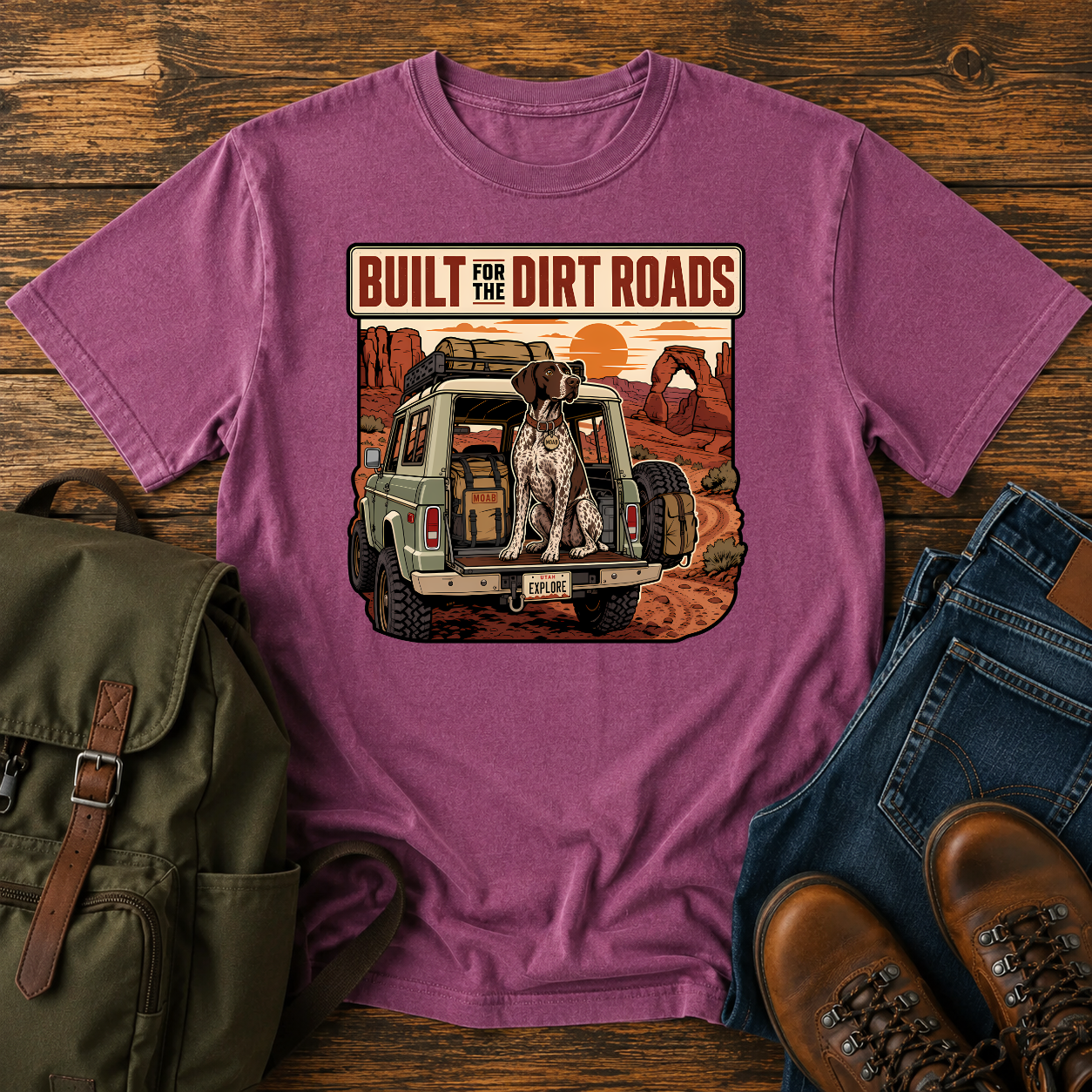 German Shorthaired Pointer overlanding shirt with GSP in 4x4 canyon scene.