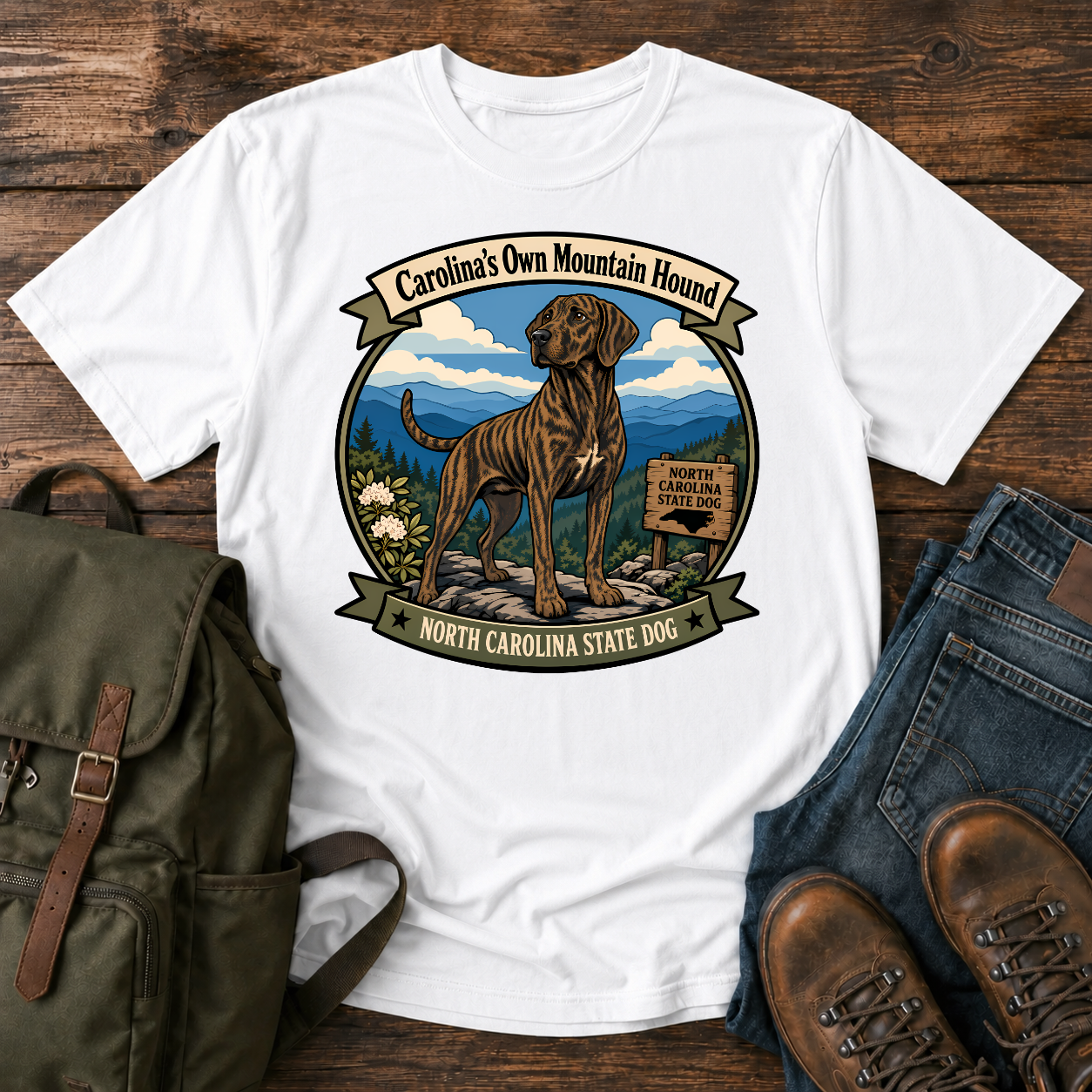 Plott Hound North Carolina shirt with brindle hound on Blue Ridge overlook.