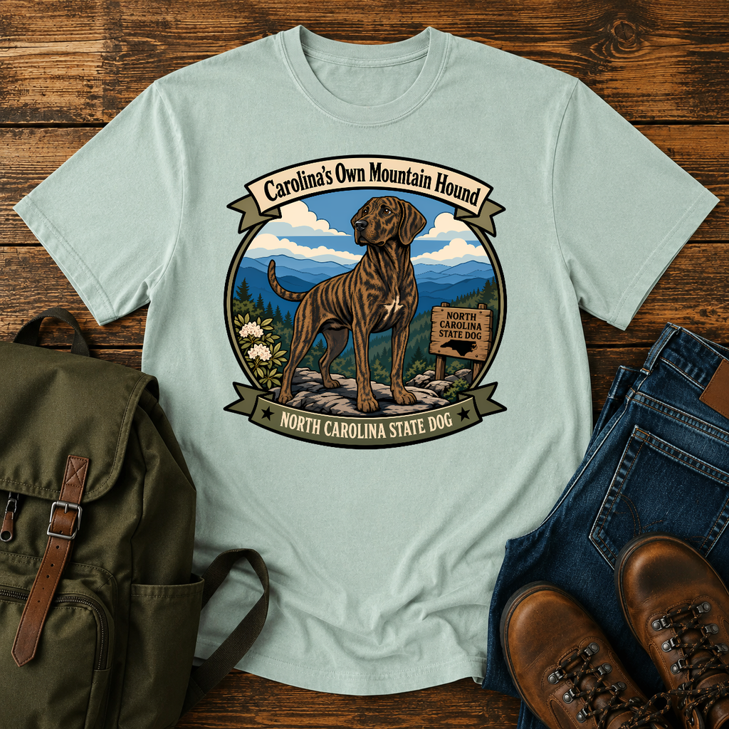Plott Hound Brindle on a Blue Ridge overlook with layered Appalachian ridgelines behind, a t-shirt design