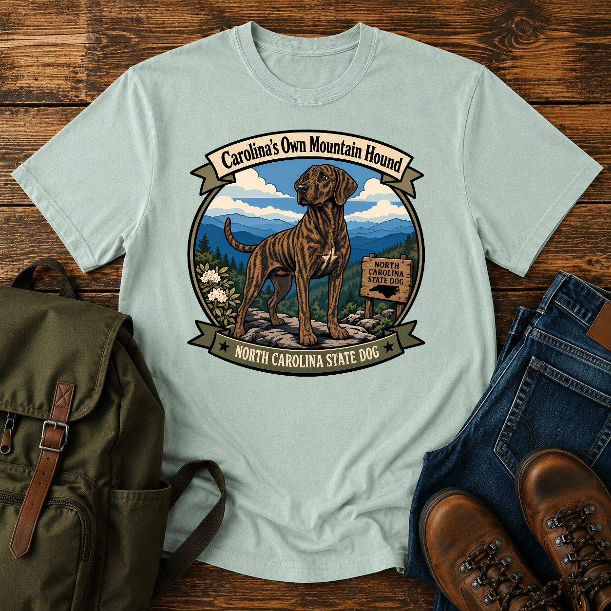 Plott Hound North Carolina shirt with brindle hound on Blue Ridge overlook.