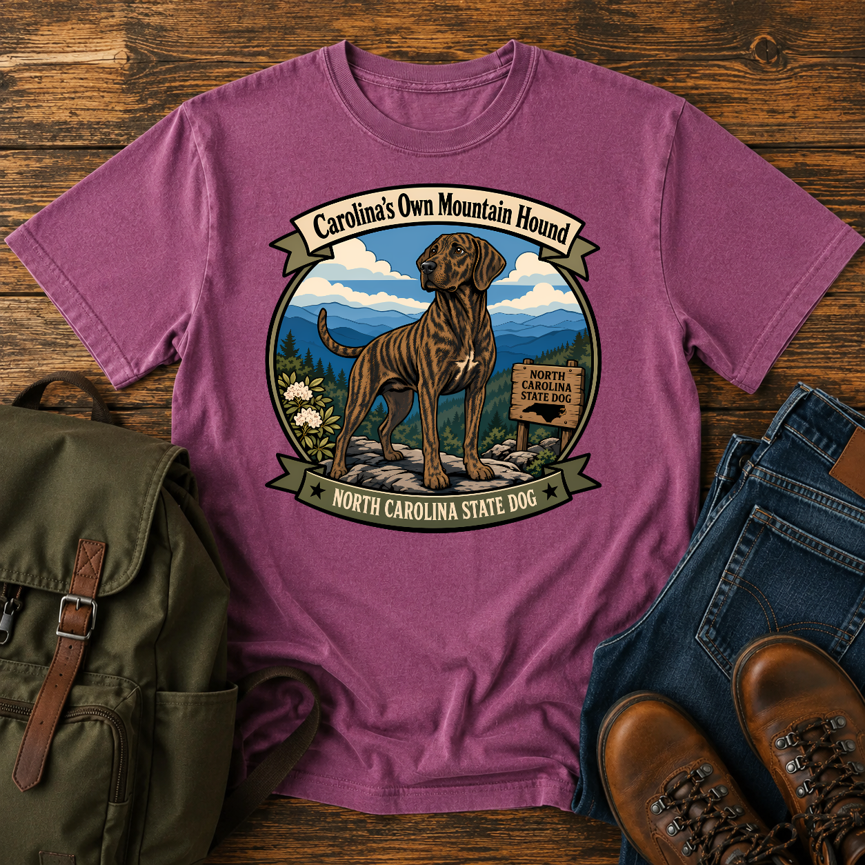 Plott Hound North Carolina shirt with brindle hound on Blue Ridge overlook.