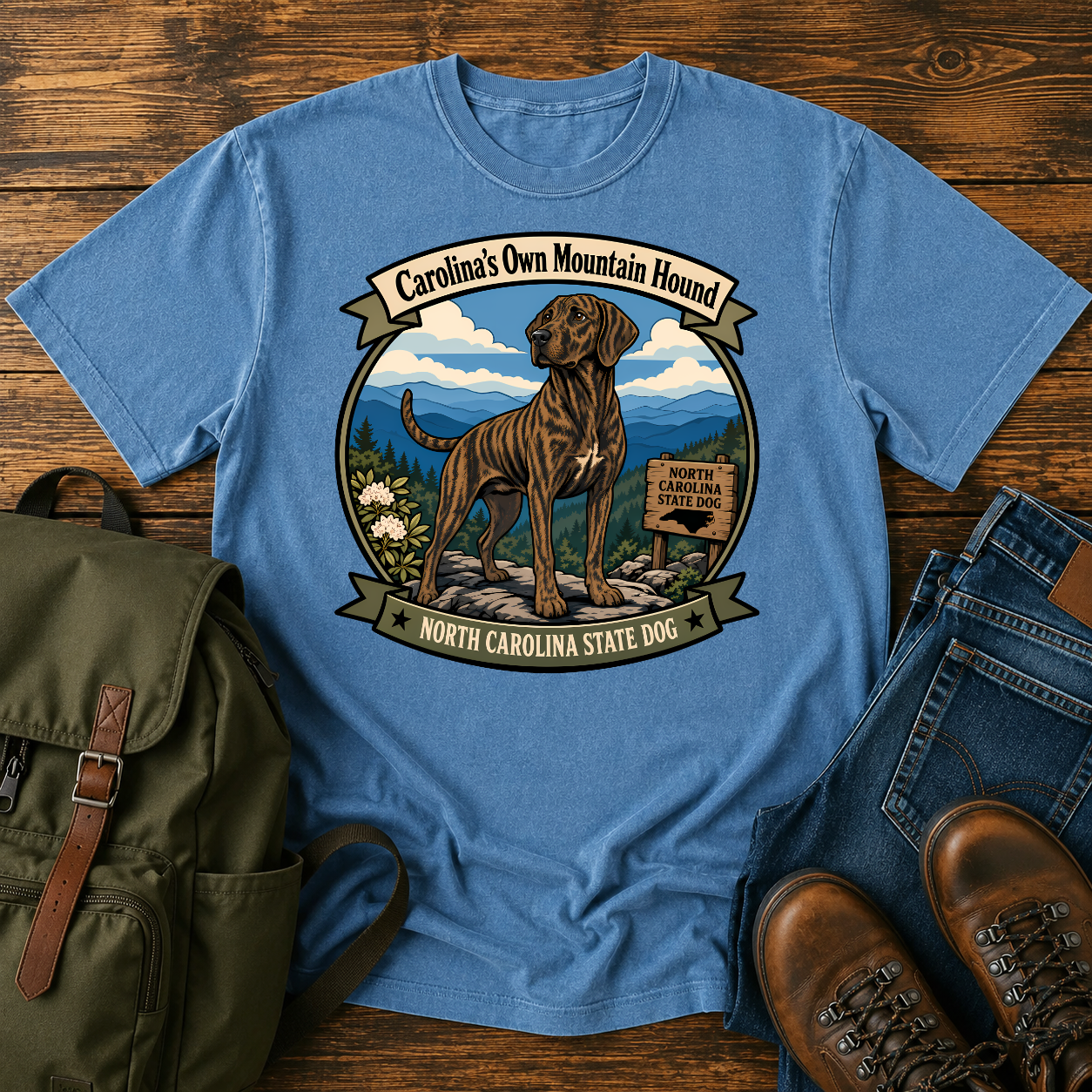 Plott Hound North Carolina shirt with brindle hound on Blue Ridge overlook.