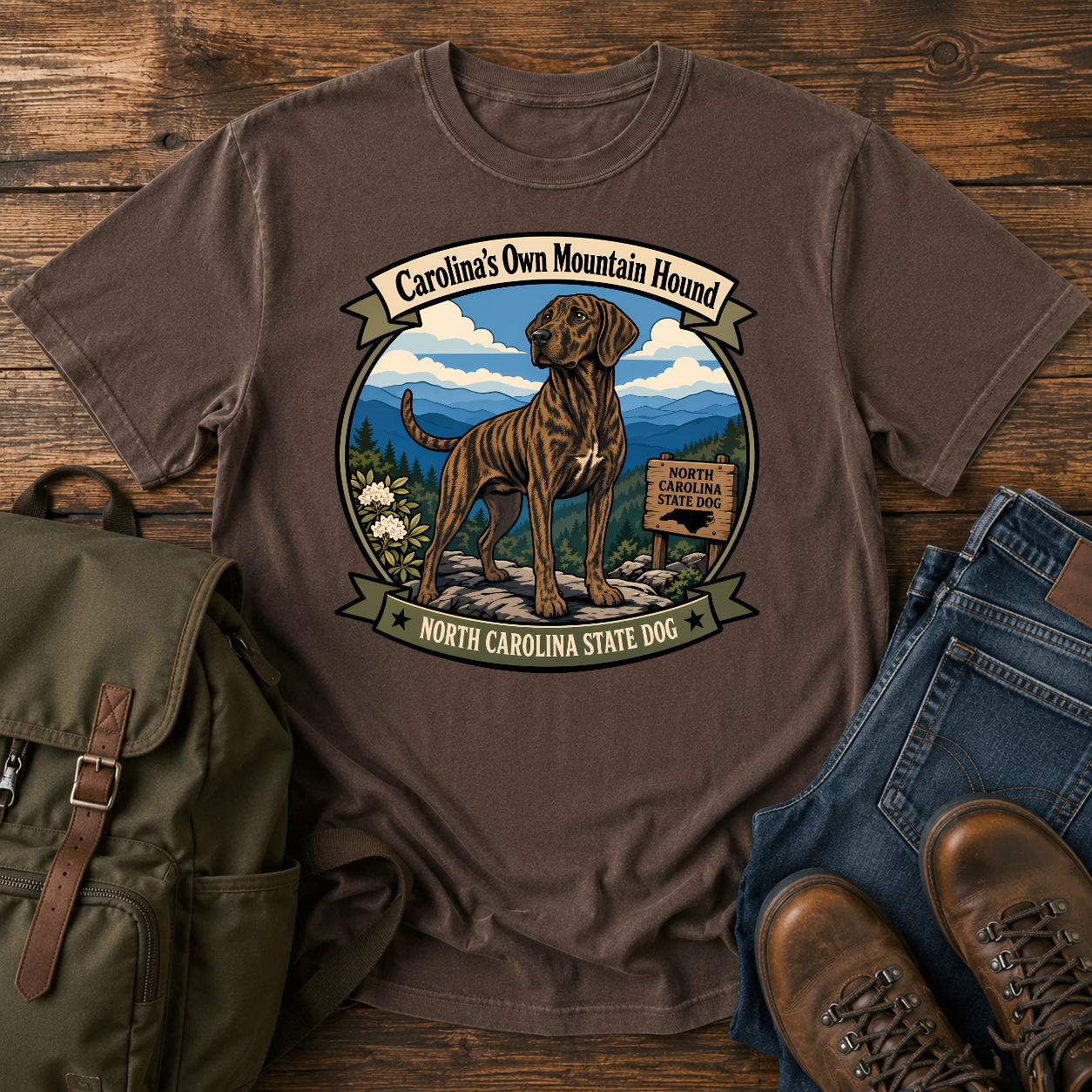 Plott Hound North Carolina shirt with brindle hound on Blue Ridge overlook.