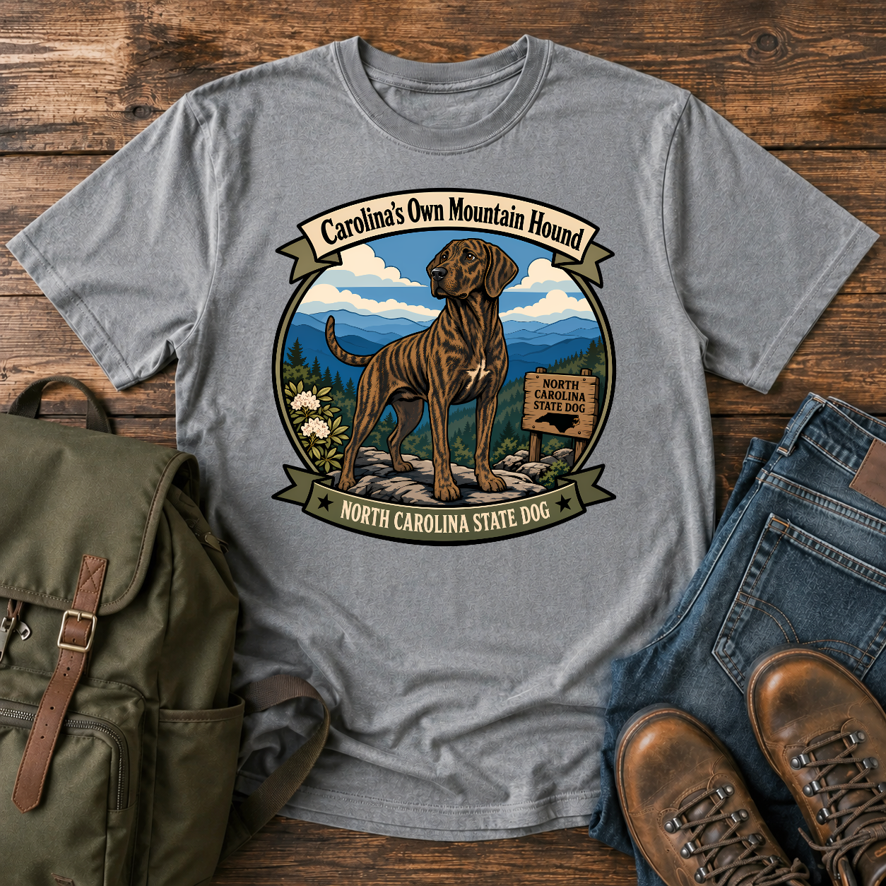 Plott Hound North Carolina shirt with brindle hound on Blue Ridge overlook.