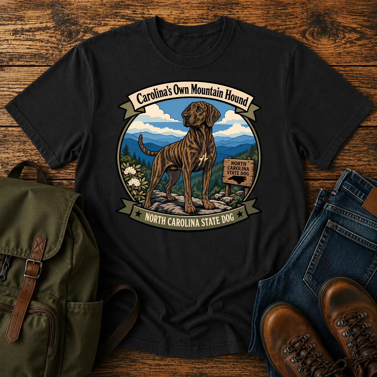 Plott Hound North Carolina shirt with brindle hound on Blue Ridge overlook.