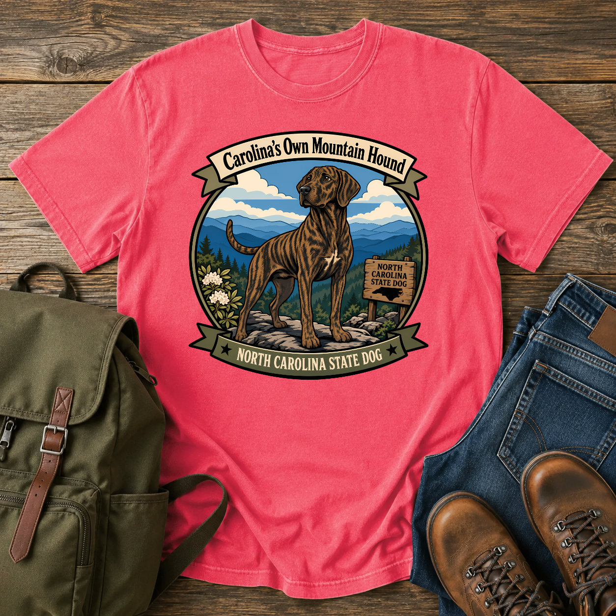 Plott Hound North Carolina shirt with brindle hound on Blue Ridge overlook.