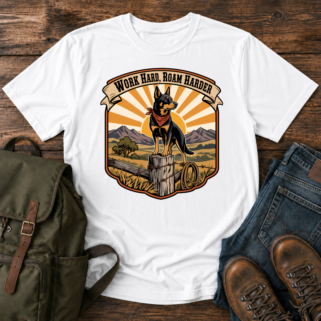Australian Kelpie ranch shirt with working dog on fence post at golden ridge.