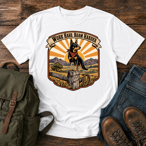 Australian Kelpie ranch shirt with working dog on fence post at golden ridge.
