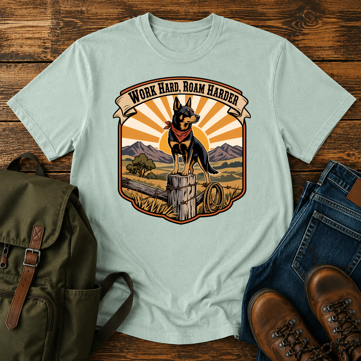 Australian Kelpie ranch shirt with working dog on fence post at golden ridge.