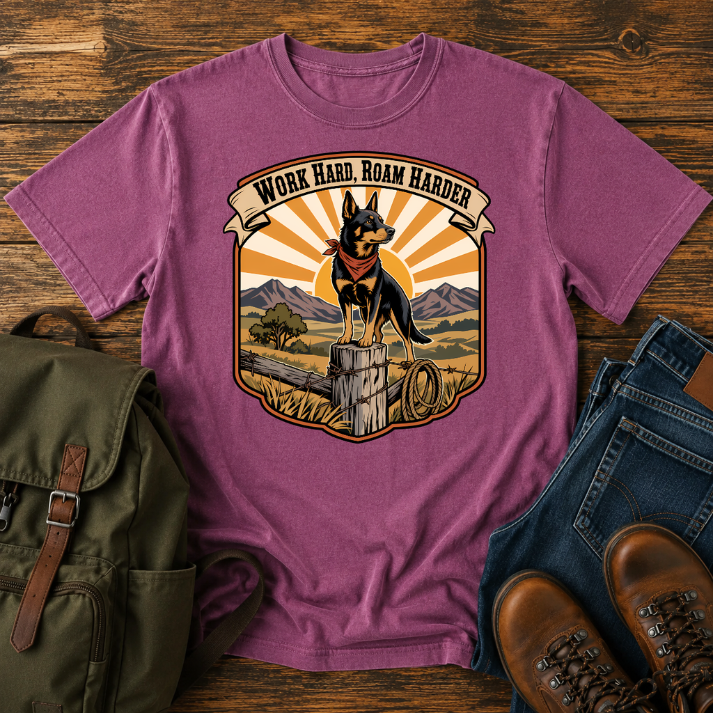 Australian Kelpie Kelpie balanced alert on a weathered fence post at golden hour scanning t-shirt design