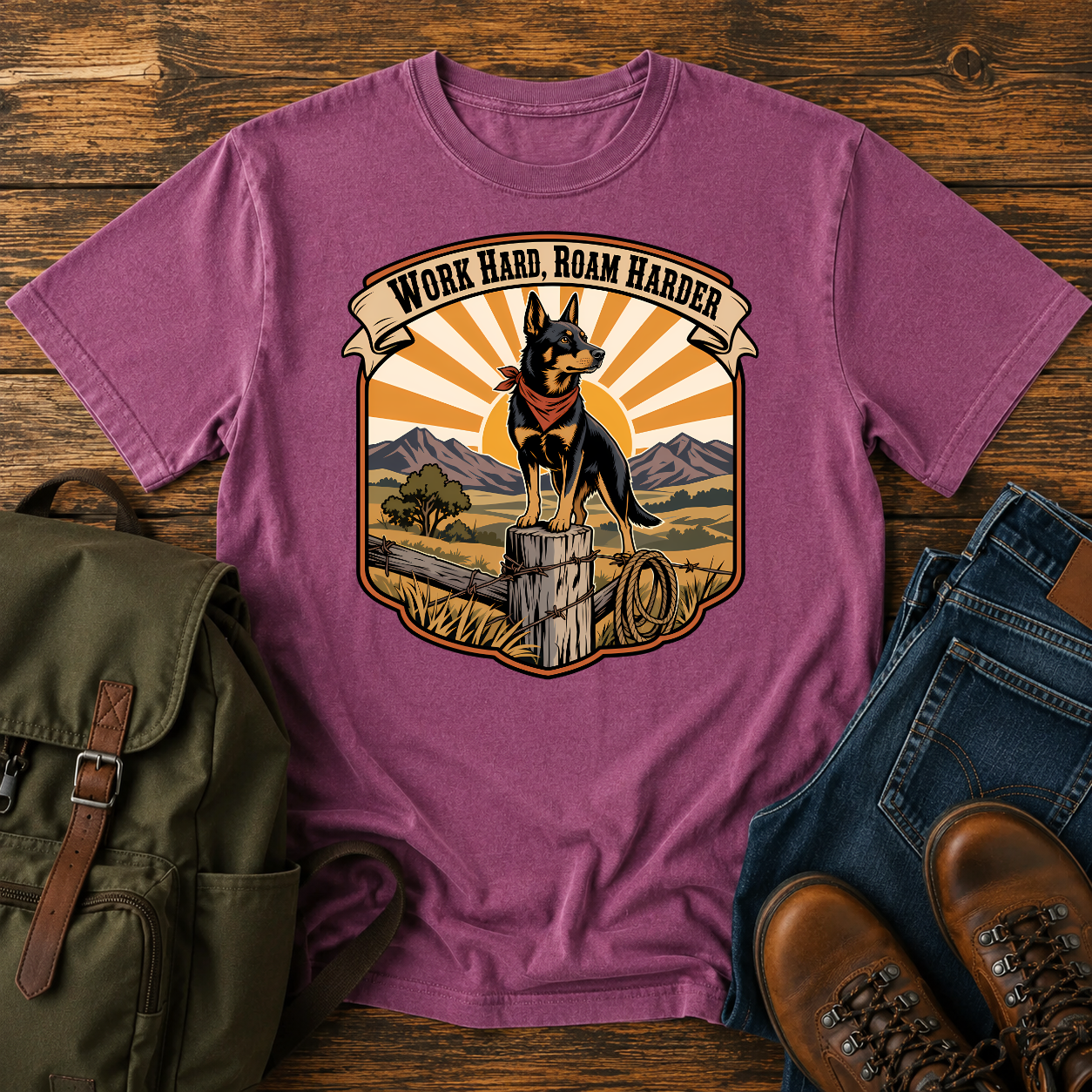 Australian Kelpie ranch shirt with working dog on fence post at golden ridge.
