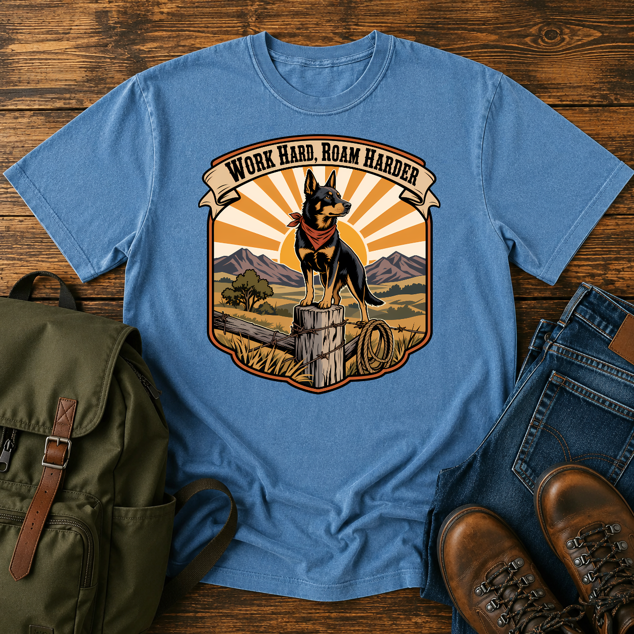 Australian Kelpie ranch shirt with working dog on fence post at golden ridge.