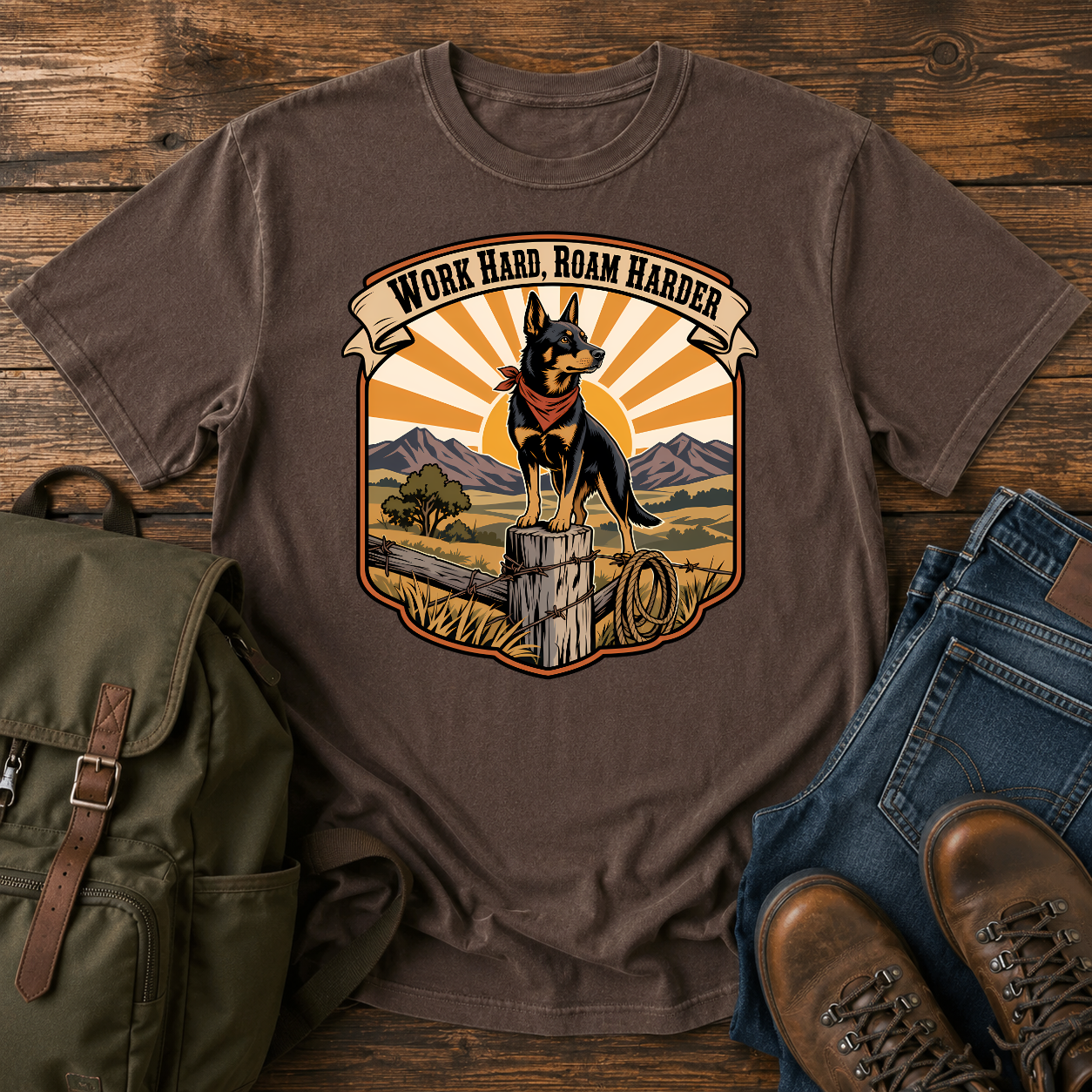 Australian Kelpie ranch shirt with working dog on fence post at golden ridge.