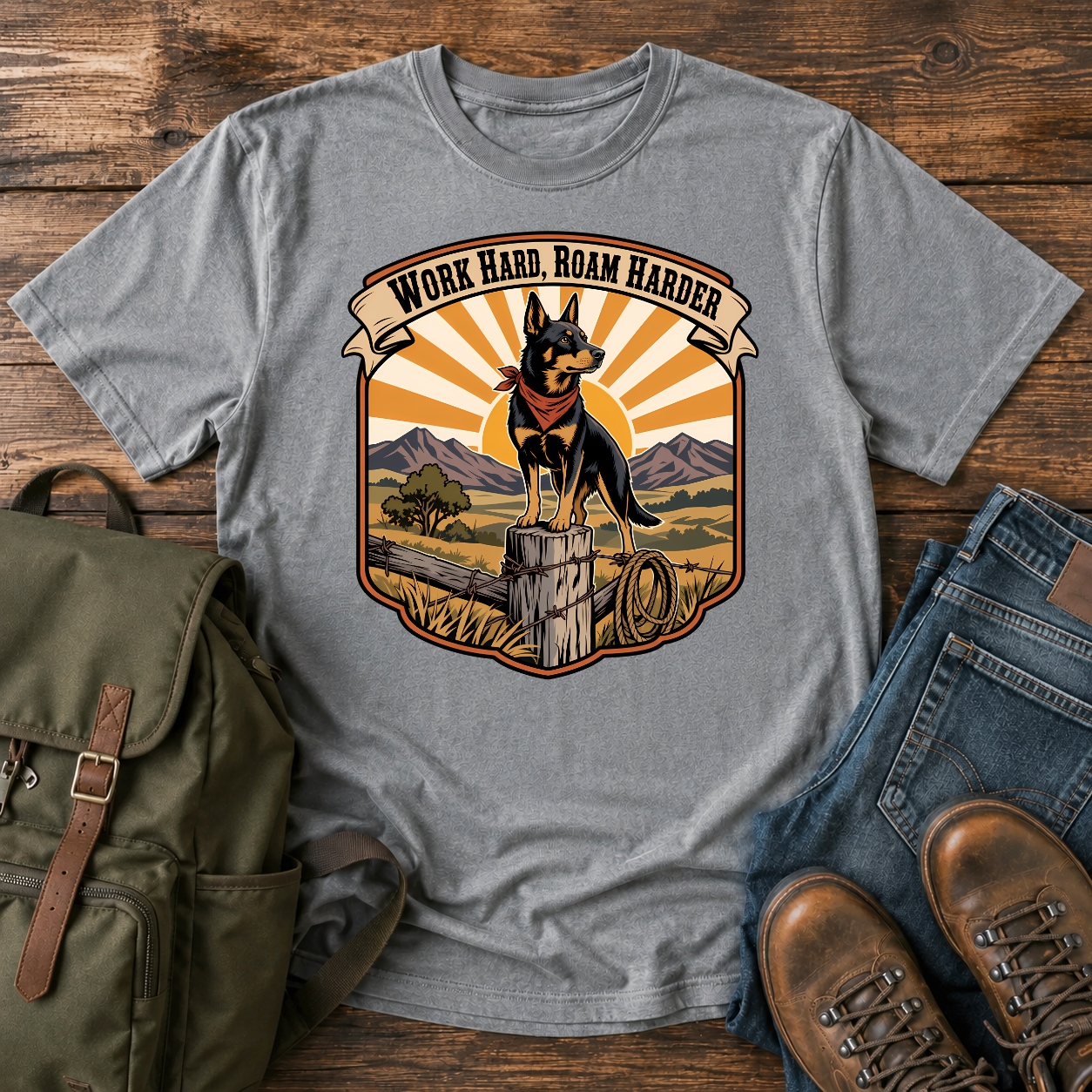 Australian Kelpie ranch shirt with working dog on fence post at golden ridge.