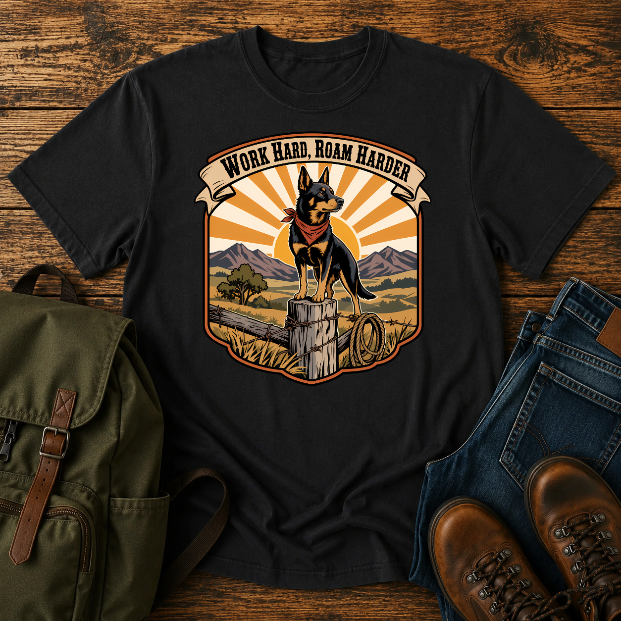 Australian Kelpie ranch shirt with working dog on fence post at golden ridge.