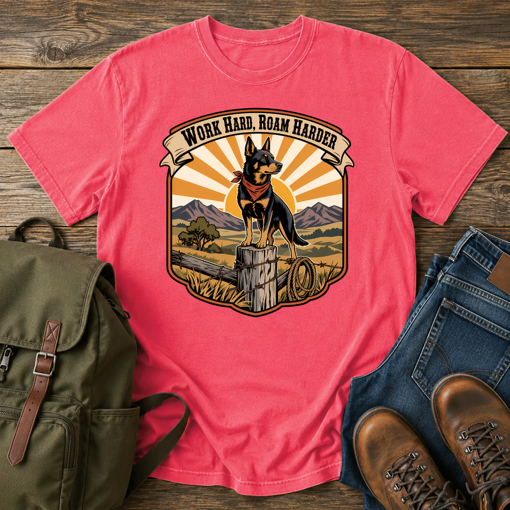 Australian Kelpie Kelpie balanced alert on a weathered fence post at golden hour scanning t-shirt design