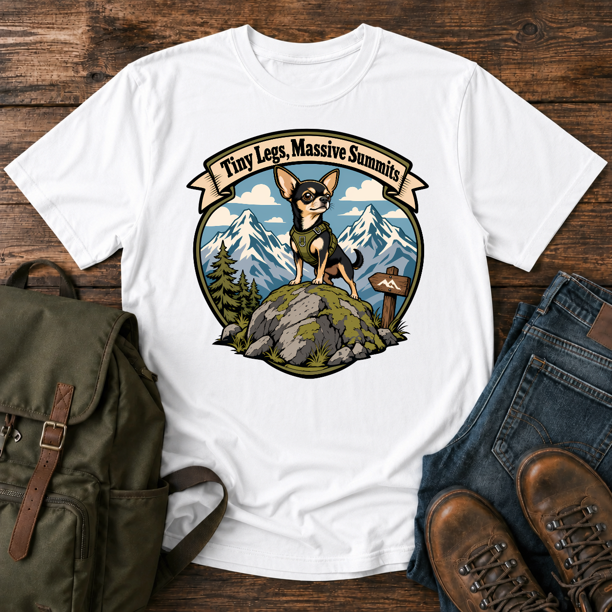 Chihuahua mountain shirt with tiny dog on boulder before snowy peaks.
