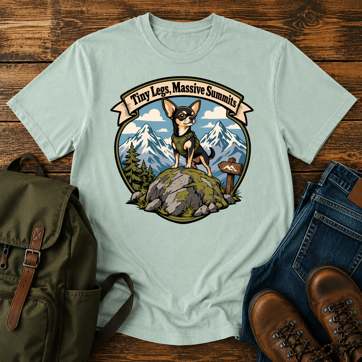 Chihuahua mountain shirt with tiny dog on boulder before snowy peaks.