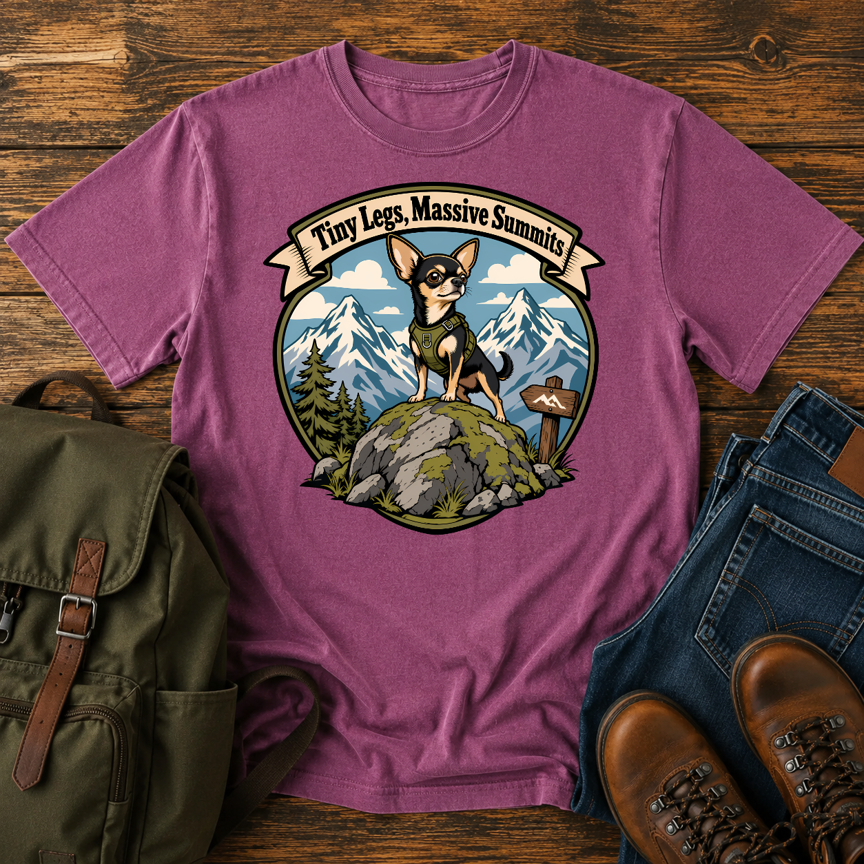 Chihuahua mountain shirt with tiny dog on boulder before snowy peaks.
