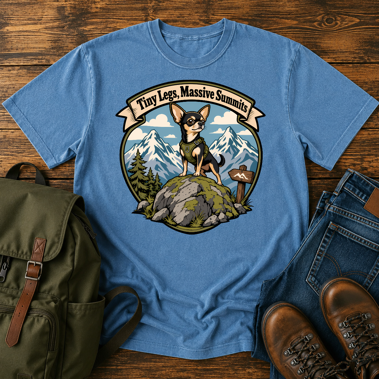 Chihuahua mountain shirt with tiny dog on boulder before snowy peaks.