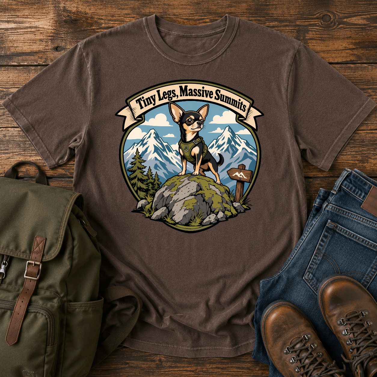 Chihuahua mountain shirt with tiny dog on boulder before snowy peaks.
