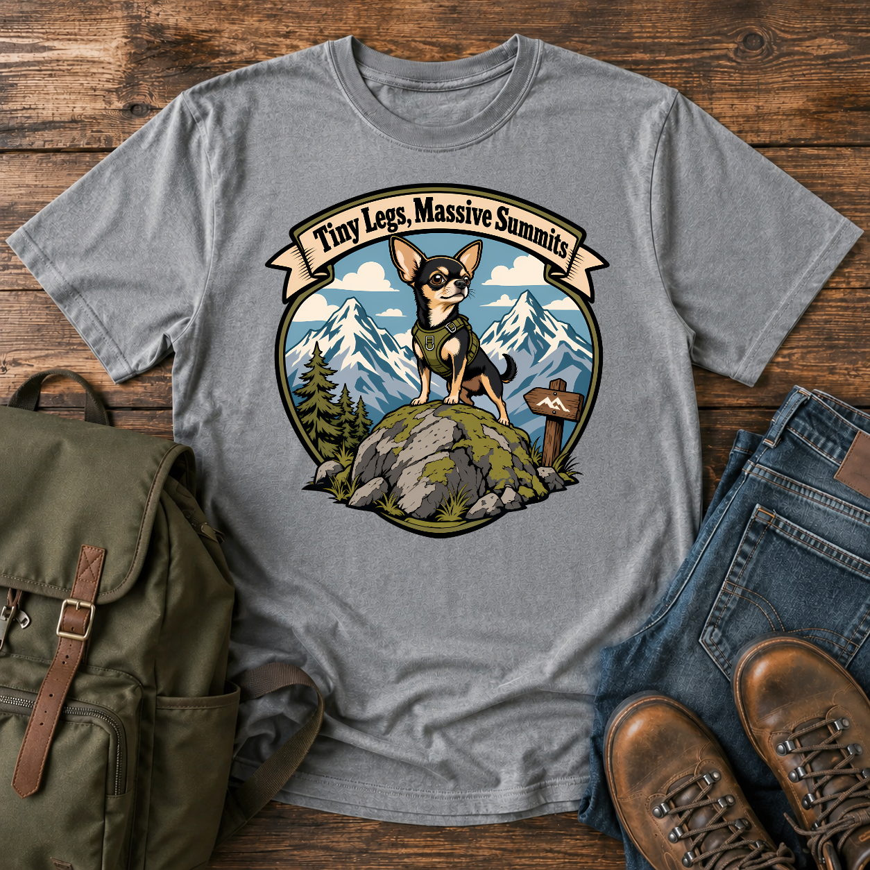 Chihuahua mountain shirt with tiny dog on boulder before snowy peaks.
