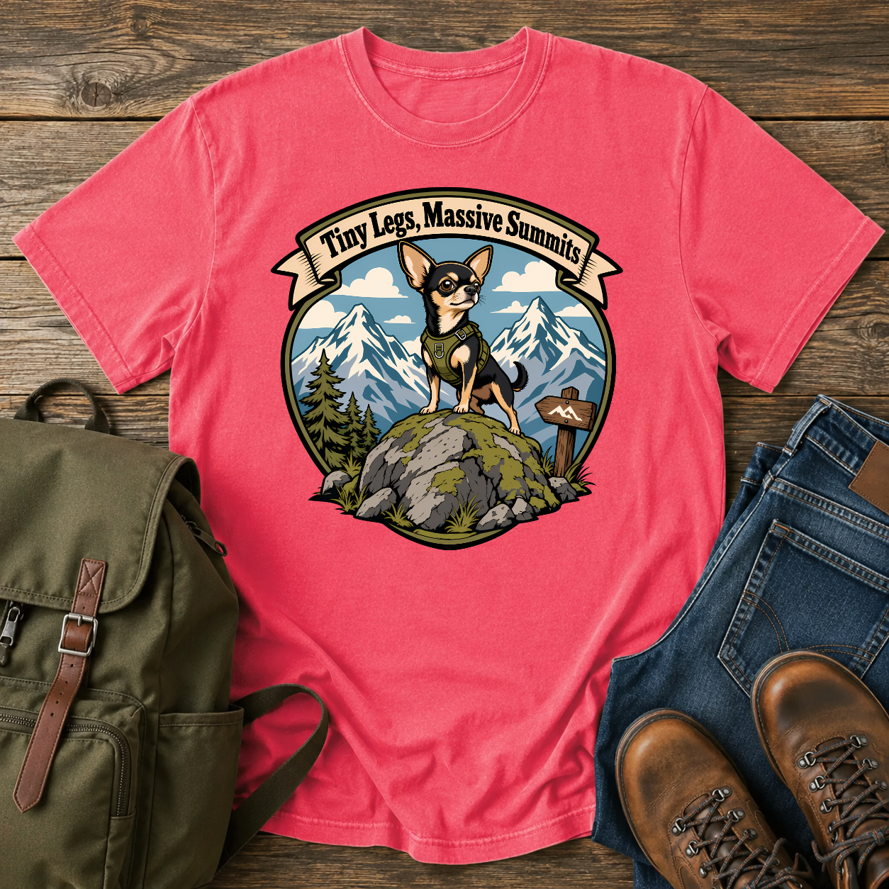 Chihuahua mountain shirt with tiny dog on boulder before snowy peaks.