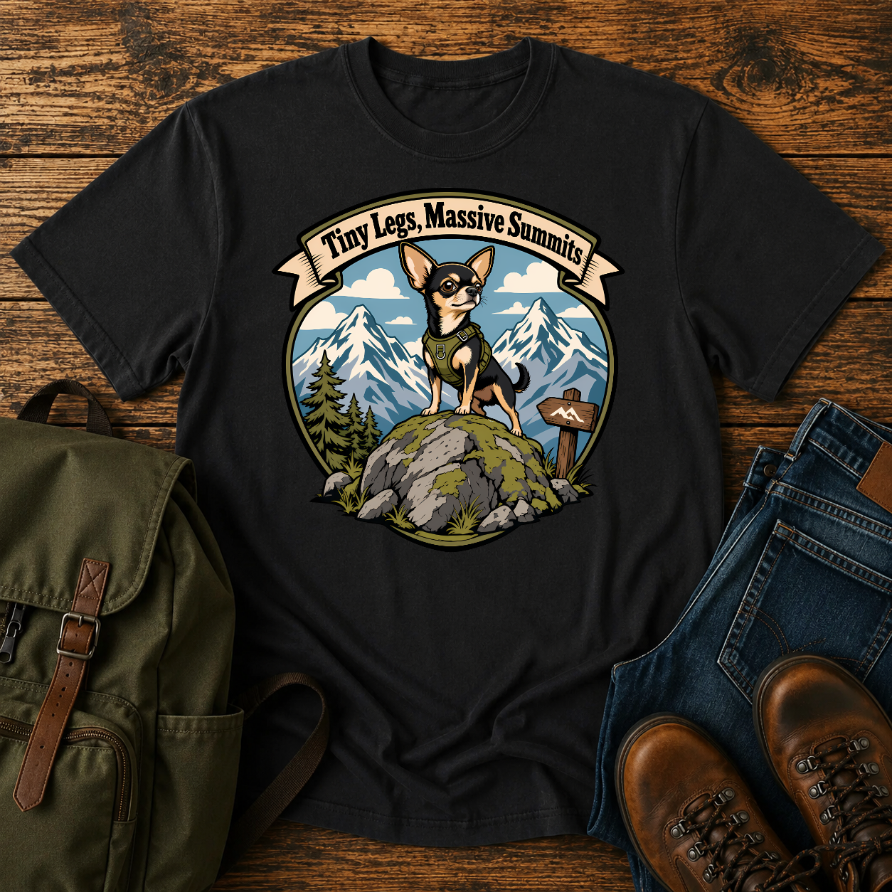 Chihuahua mountain shirt with tiny dog on boulder before snowy peaks.
