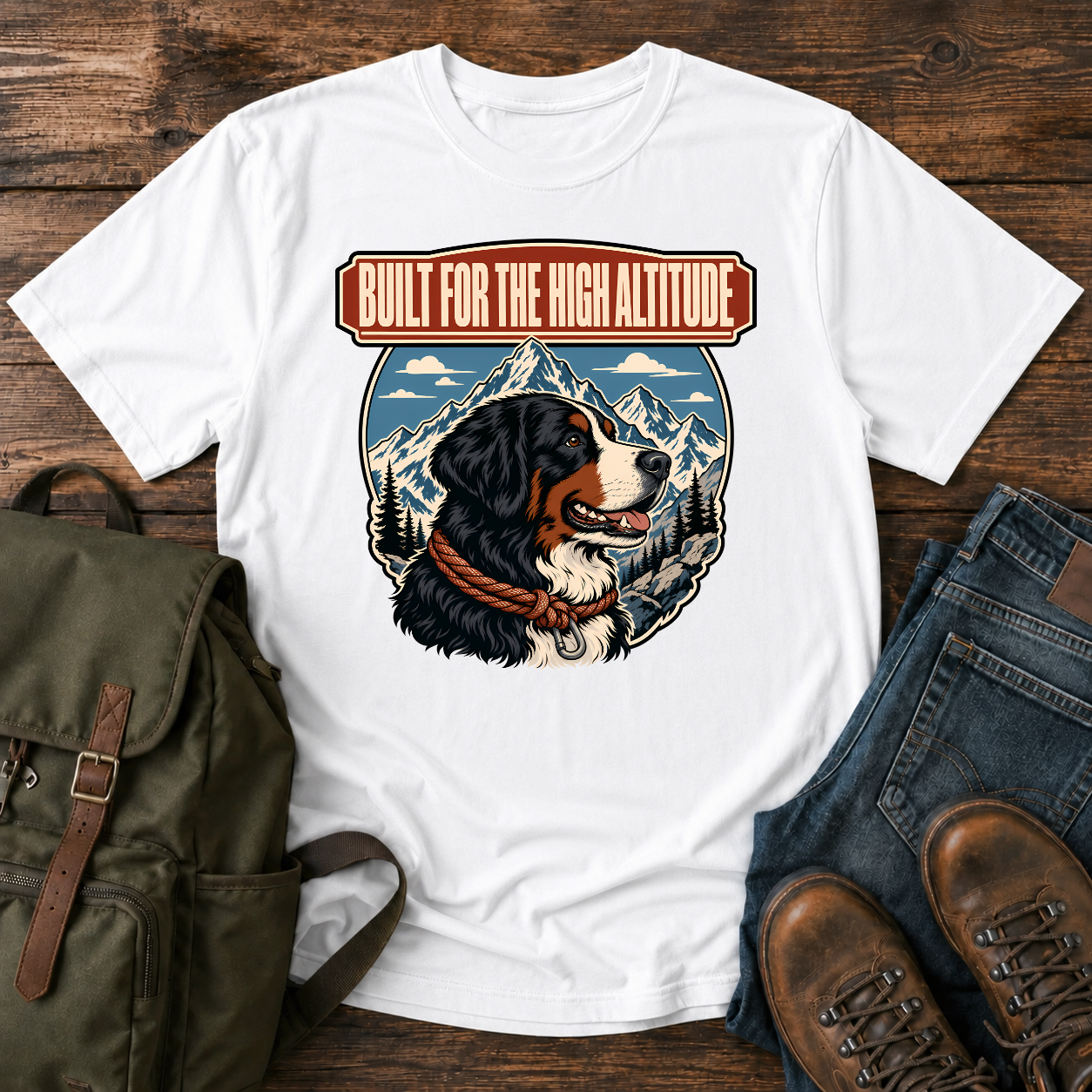 Bernese Mountain Dog alpine shirt with Berner profile, mountains, and climbing rope collar.