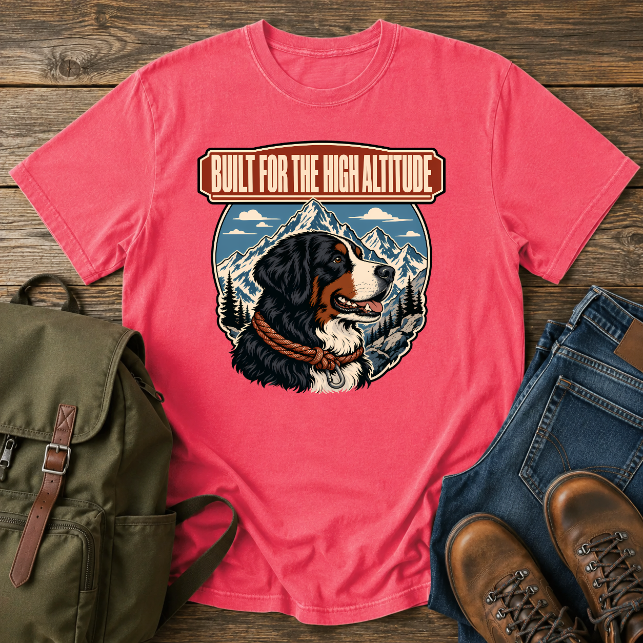 Bernese Mountain Dog alpine shirt with Berner profile, mountains, and climbing rope collar.