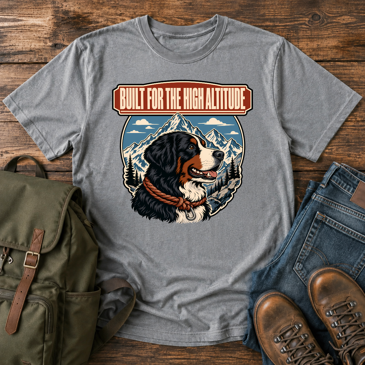 Bernese Mountain Dog alpine shirt with Berner profile, mountains, and climbing rope collar.