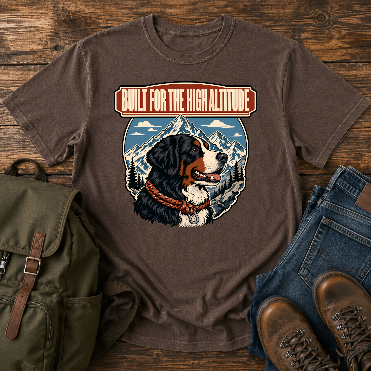 Bernese Mountain Dog alpine shirt with Berner profile, mountains, and climbing rope collar.