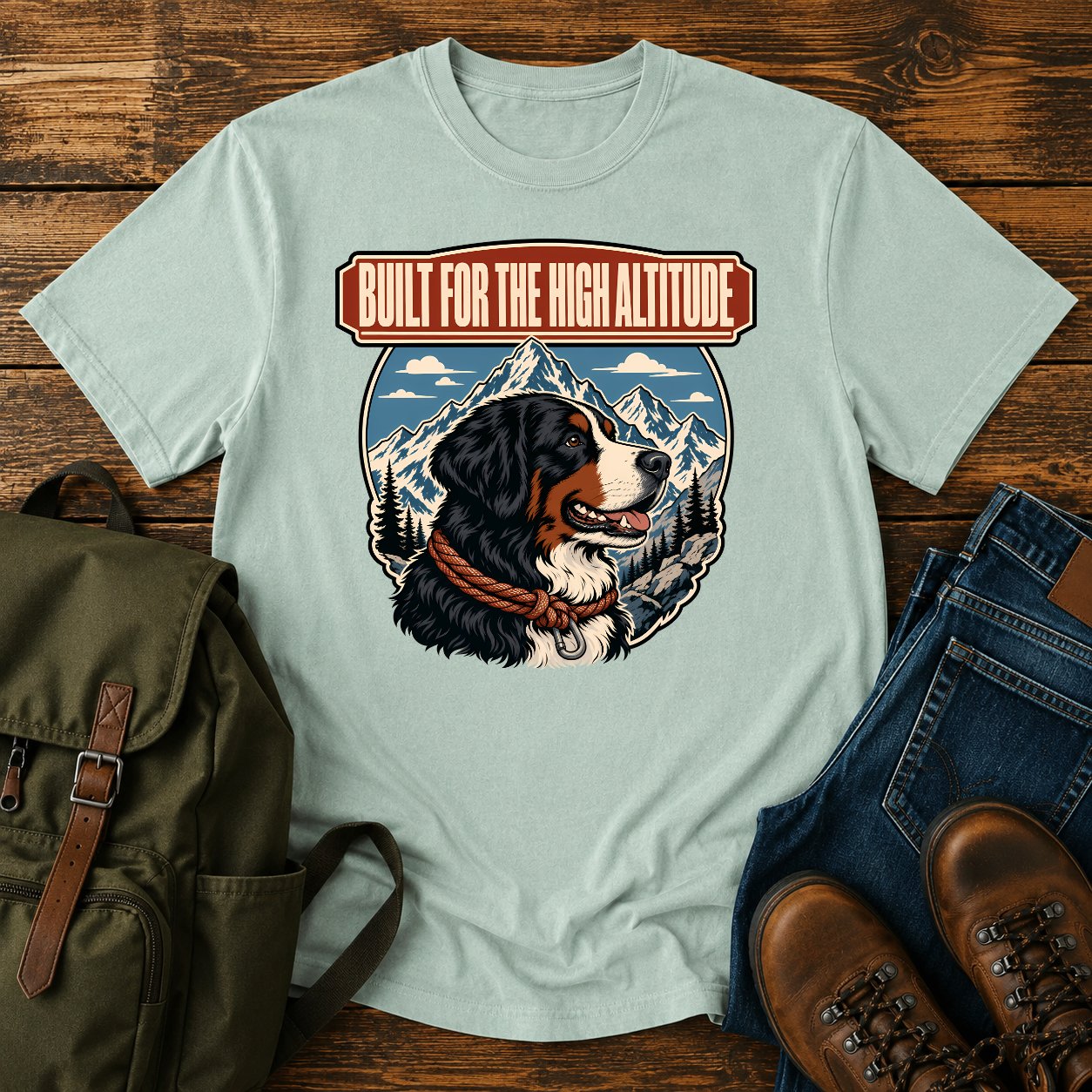 Bernese Mountain Dog alpine shirt with Berner profile, mountains, and climbing rope collar.