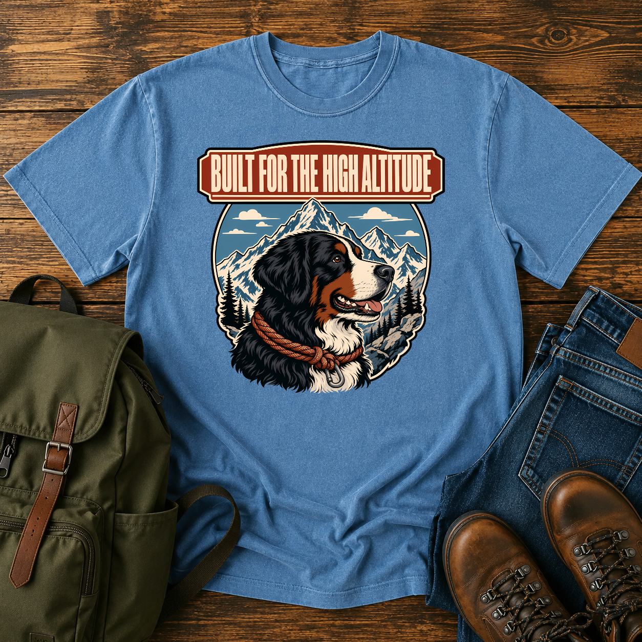 Bernese Mountain Dog alpine shirt with Berner profile, mountains, and climbing rope collar.