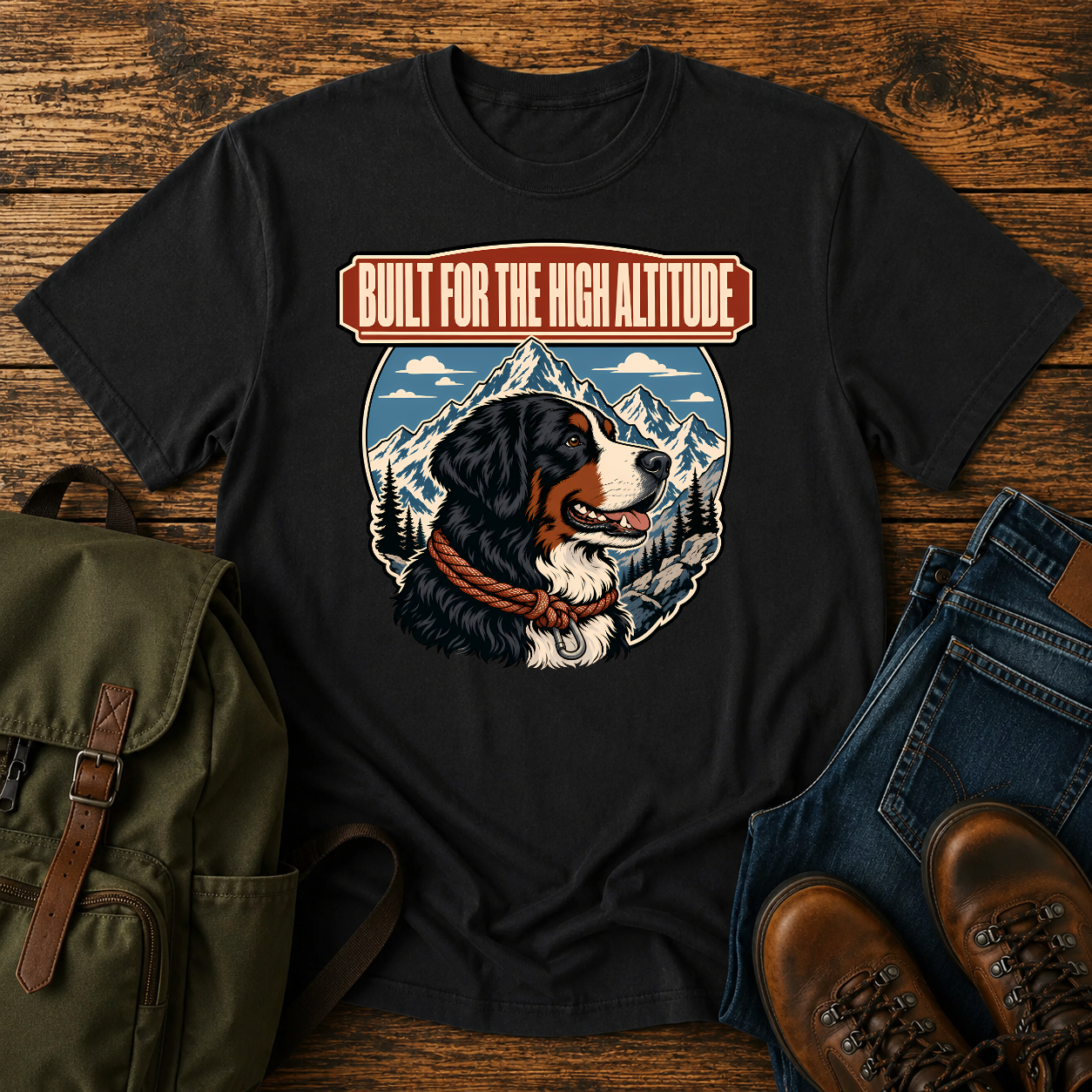 Bernese Mountain Dog alpine shirt with Berner profile, mountains, and climbing rope collar.