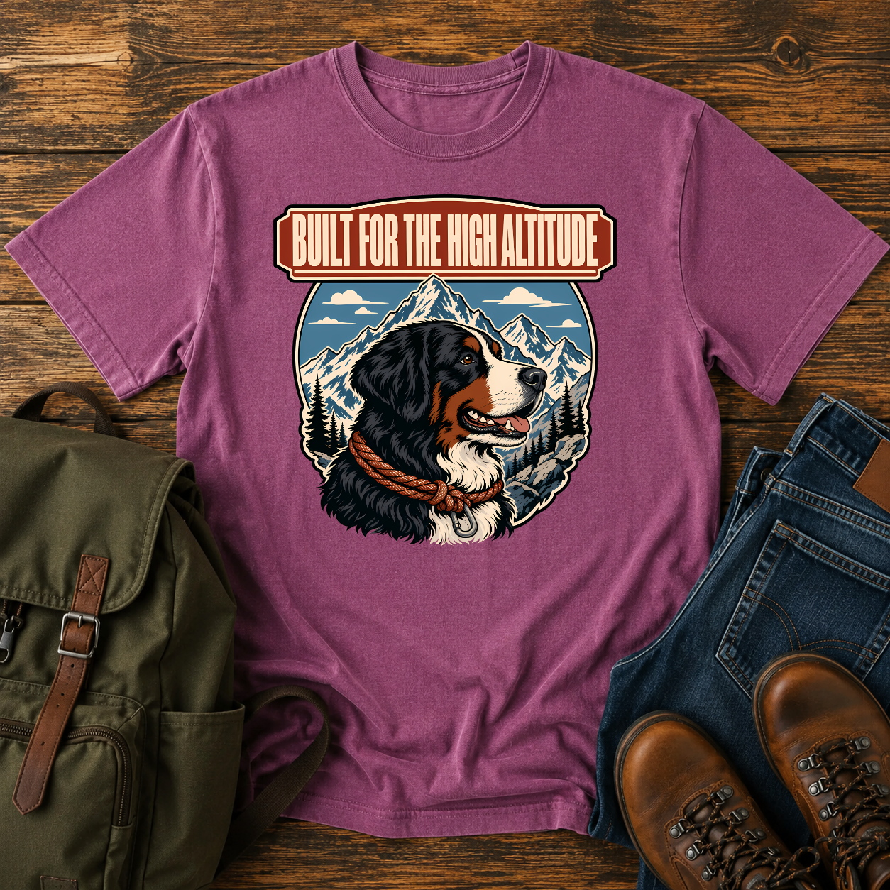 Bernese Mountain Dog alpine shirt with Berner profile, mountains, and climbing rope collar.