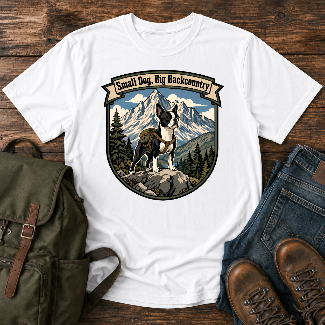 Boston Terrier hiking shirt with small dog on boulder above mountain valley.
