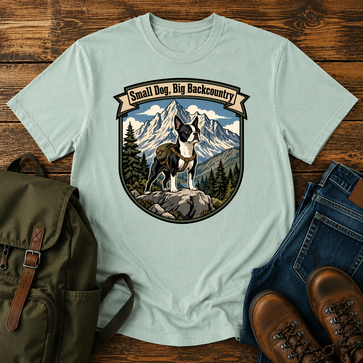 Boston Terrier hiking shirt with small dog on boulder above mountain valley.