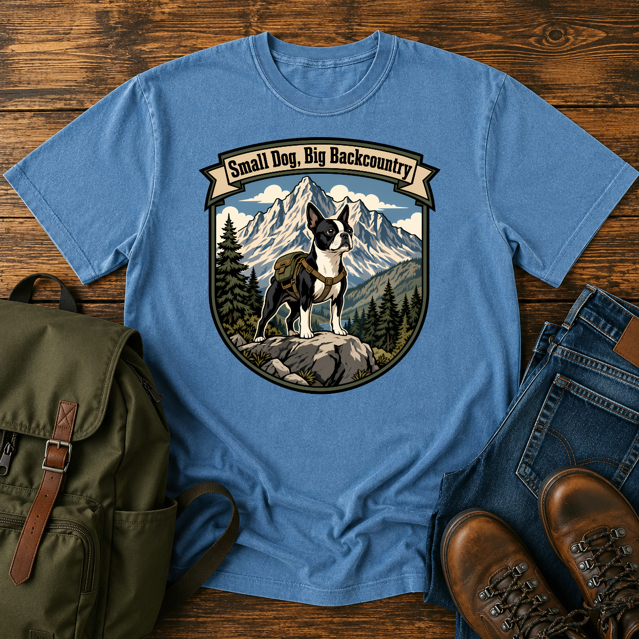 Boston Terrier hiking shirt with small dog on boulder above mountain valley.