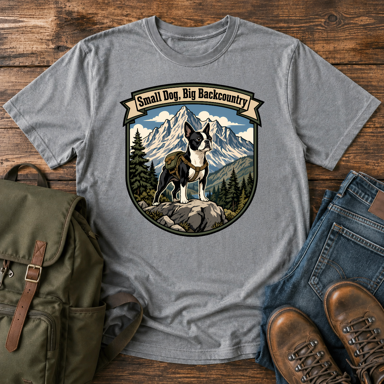 Boston Terrier hiking shirt with small dog on boulder above mountain valley.
