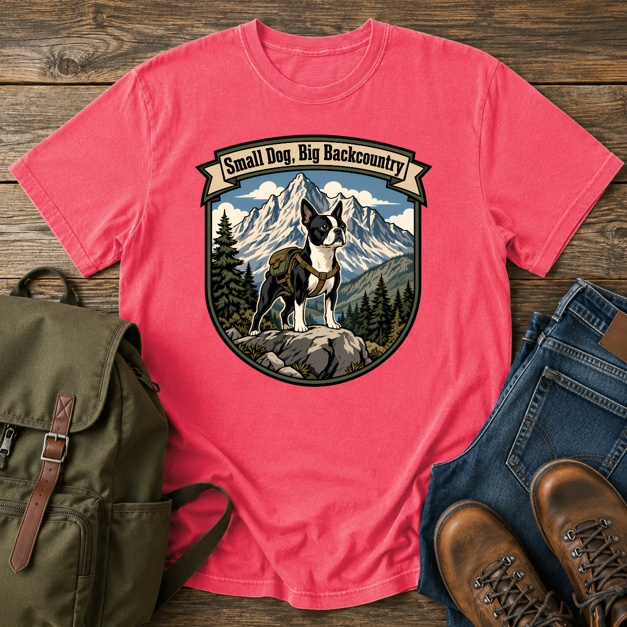 Boston Terrier hiking shirt with small dog on boulder above mountain valley.
