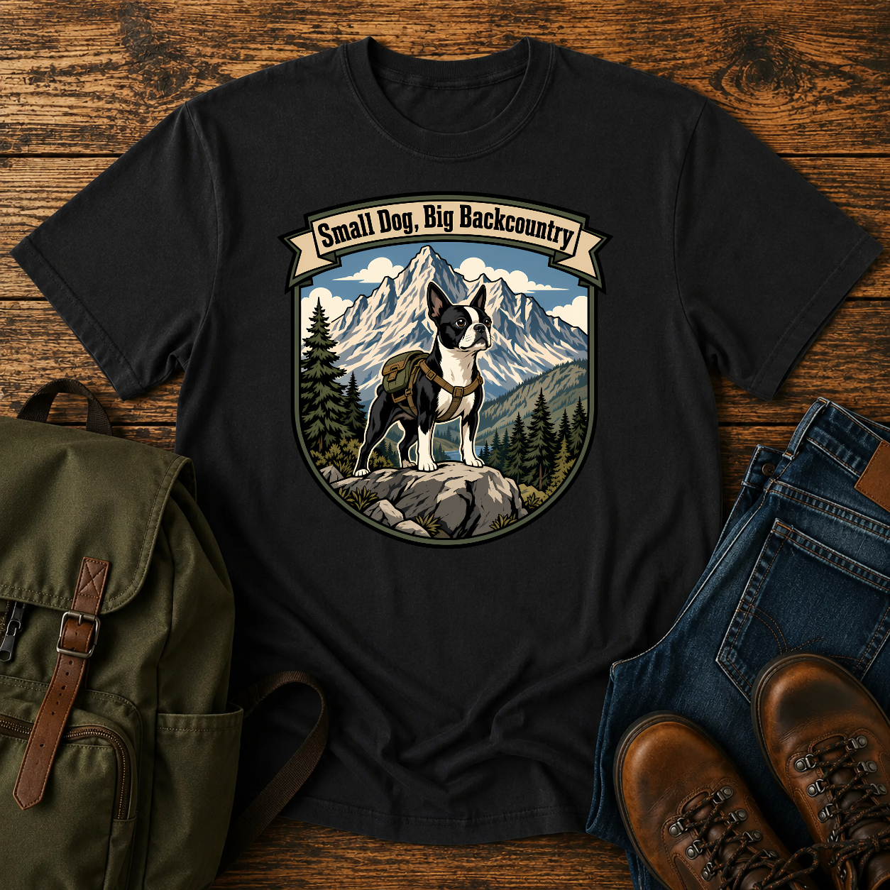 Boston Terrier hiking shirt with small dog on boulder above mountain valley.