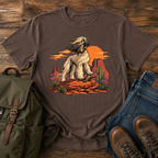Afghan Hound standing on red sandstone rocks with wind blowing its long hair against t-shirt design