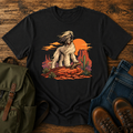 Afghan Hound standing on desert mesa rocks on a vintage western shirt.