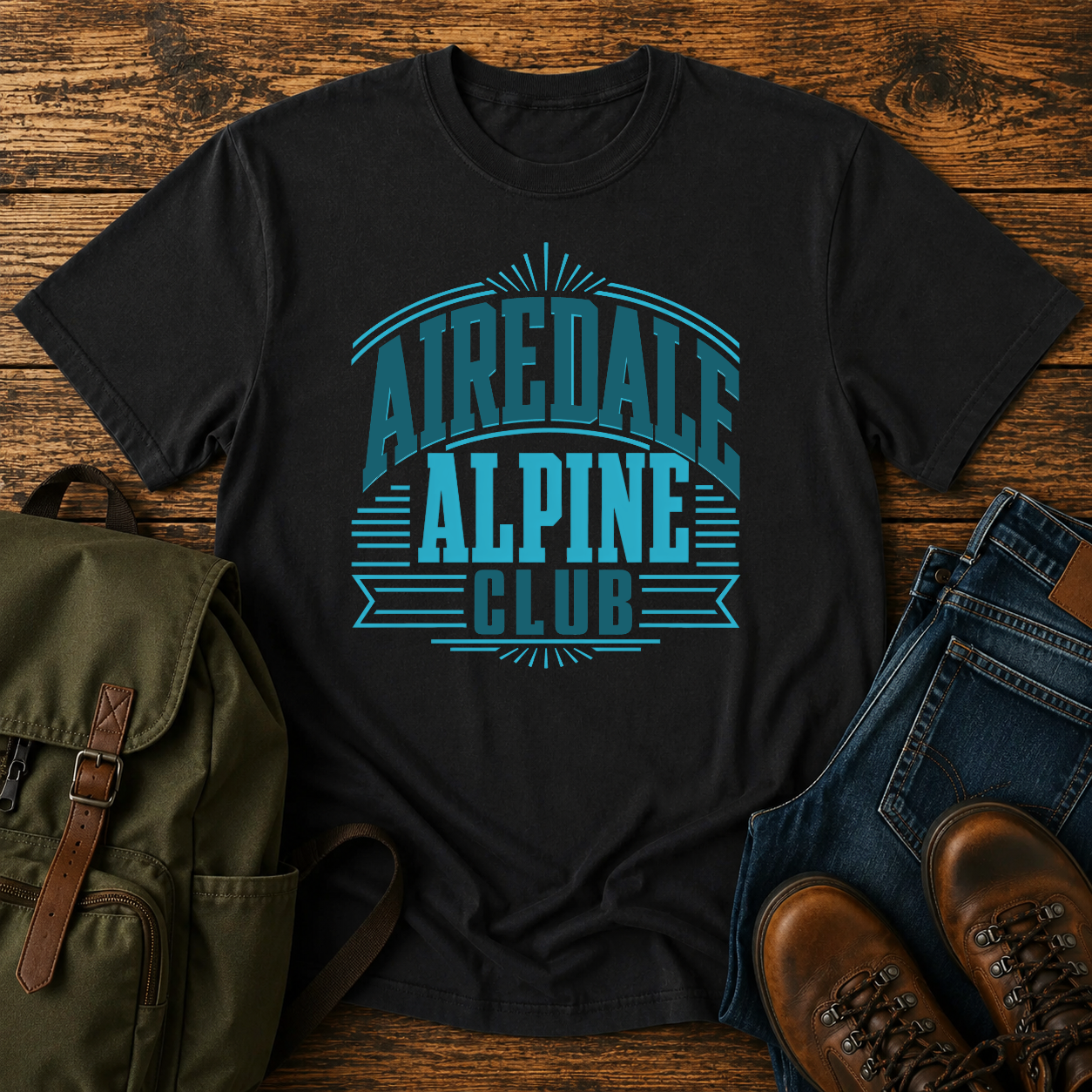 Airedale Terrier Alpine Club typography on a vintage hiking t-shirt.