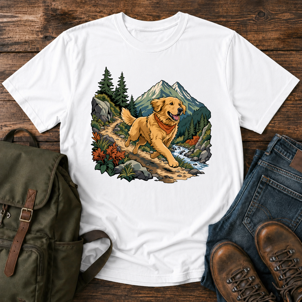 Golden Retriever cresting a mountain switchback trail mid-stride, fine-line national-park-poster illustration with muted watercolor t-shirt design
