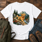 Golden Retriever cresting a mountain switchback trail mid-stride, fine-line national-park-poster illustration with muted watercolor t-shirt design