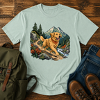 Golden Retriever cresting a mountain switchback trail mid-stride, fine-line national-park-poster illustration with muted watercolor t-shirt design